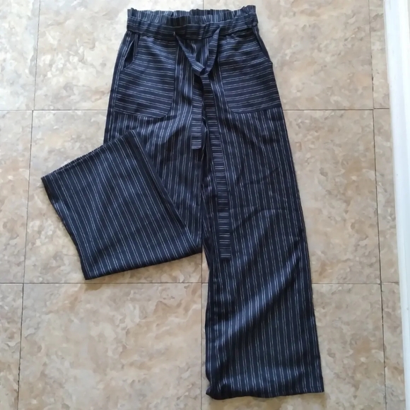 Blue Rain Pants - Blue Rain Wide Leg Striped Paperbag waist pants, size S